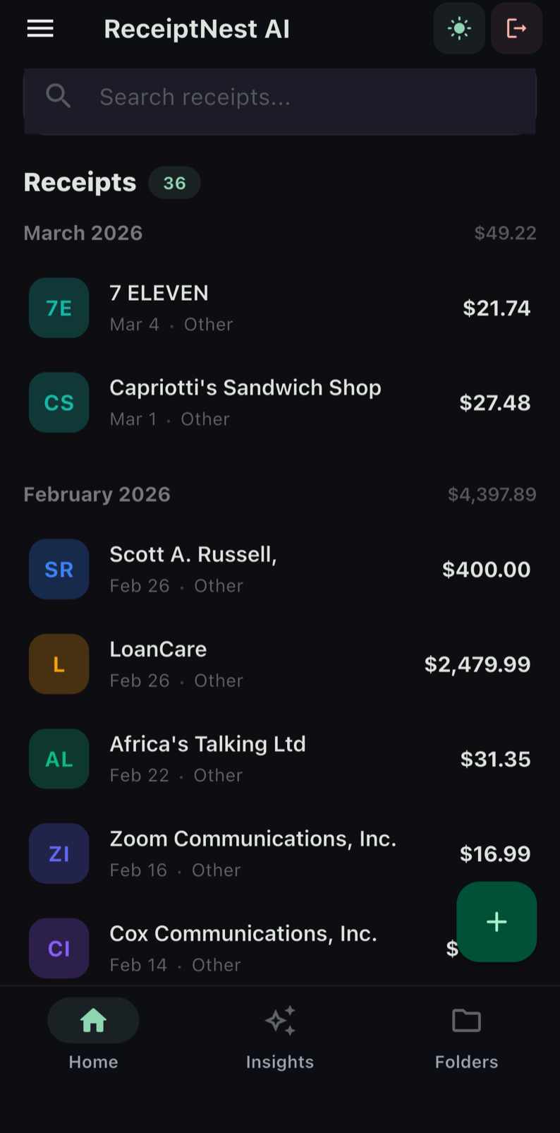 Auto-organized receipts tagged and searchable
