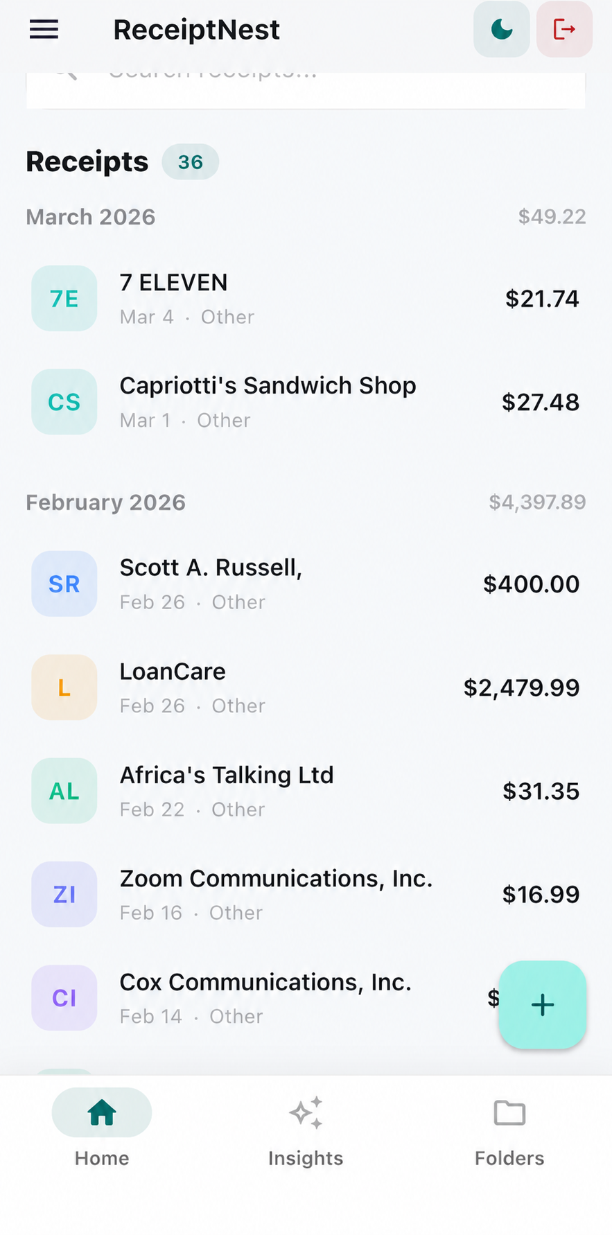 Auto-organized receipts tagged and searchable