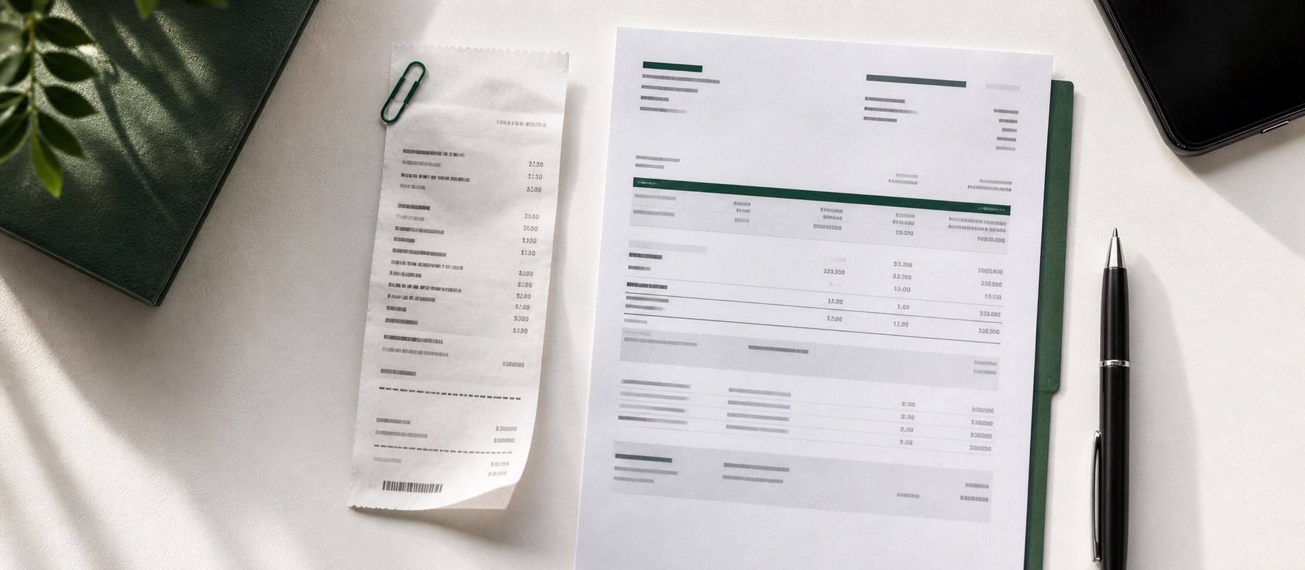 An itemized receipt beside a bank statement on an organized desk