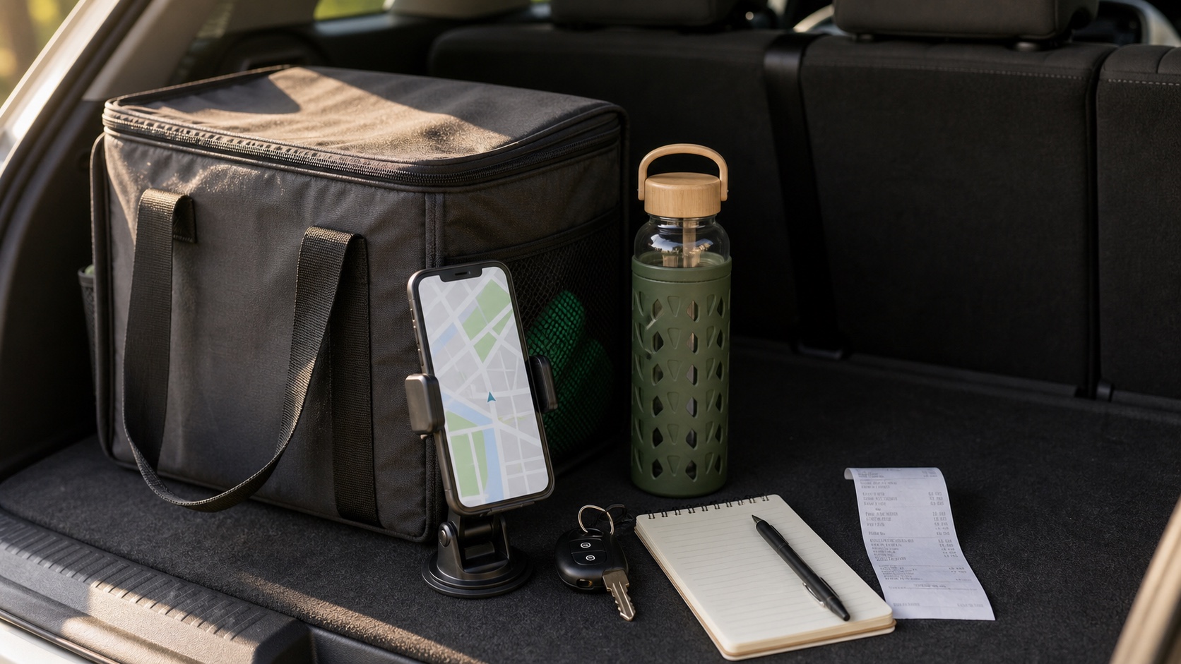 Delivery bag, phone map, mileage notebook, keys, and fuel receipt in a car