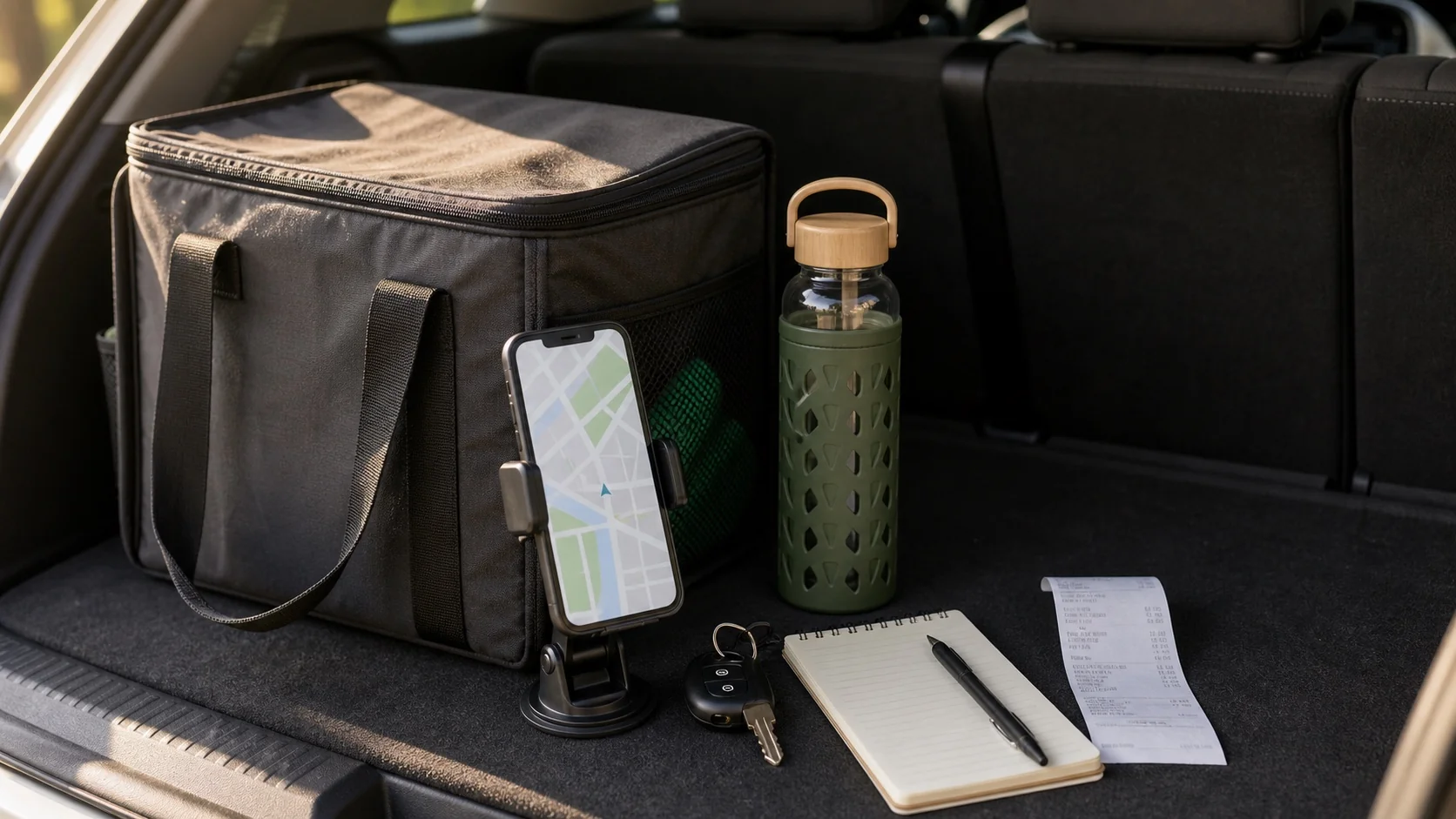 Delivery bag, phone map, mileage notebook, keys, and fuel receipt in a car
