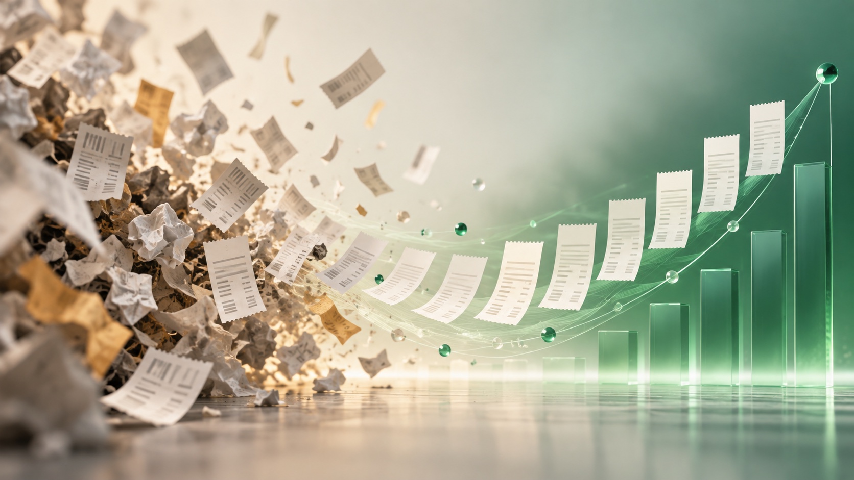 Scattered paper receipts becoming an organized stream of records and a rising data curve
