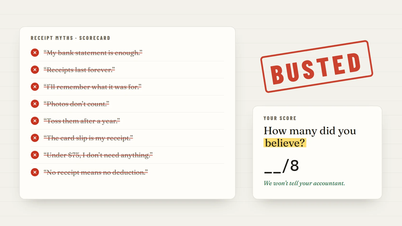 A scorecard of eight receipt myths, each crossed out with a red BUSTED stamp, asking how many you believed