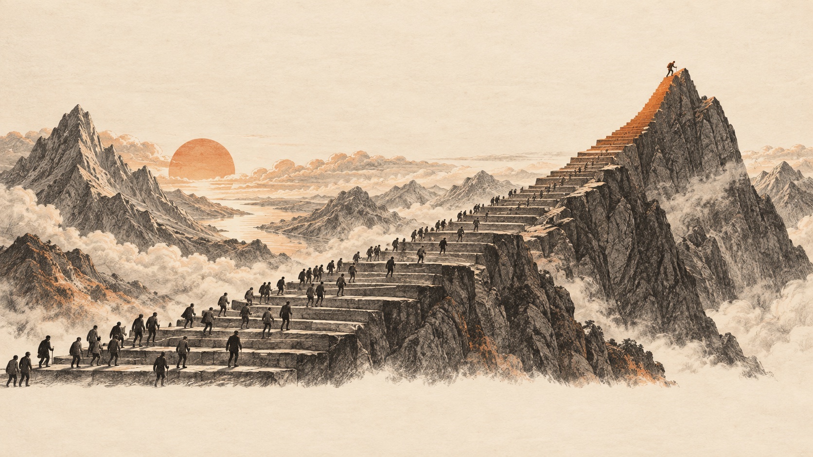 A long mountain staircase narrowing toward one climber at the summit