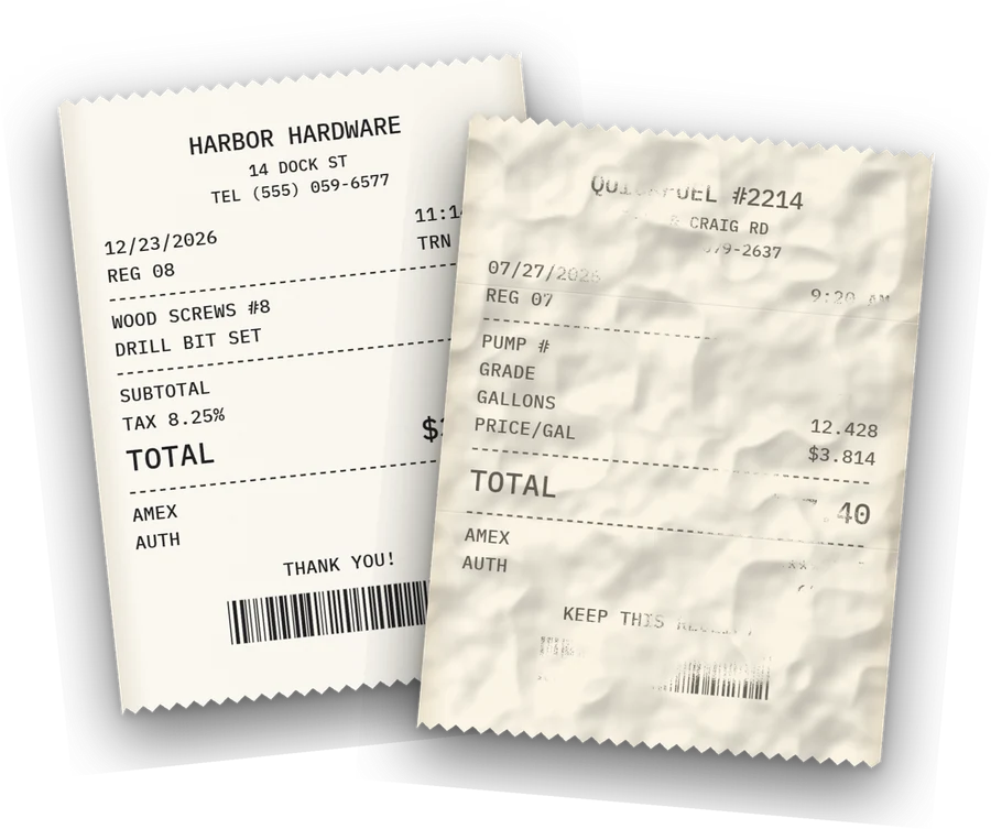 A crisp receipt beside the same kind of receipt faded almost blank